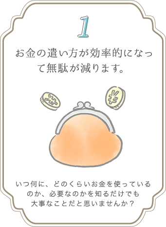 １お金の遣い方が効率的になって無駄が減ります。いつ何に、どのくらいお金を使っているのか、必要なのかを知るだけでも大事なことだと思いませんか？