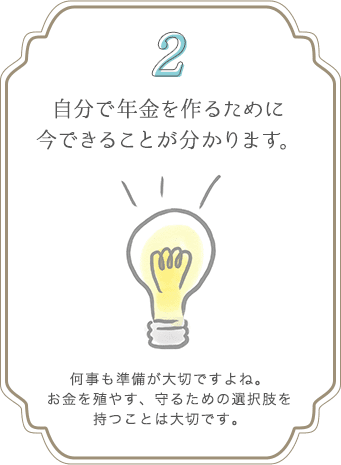 ２自分で年金を作るために今できることが分かります。何事も準備が大切ですよね。お金を殖やす、守るための選択肢を持つことは大切です。